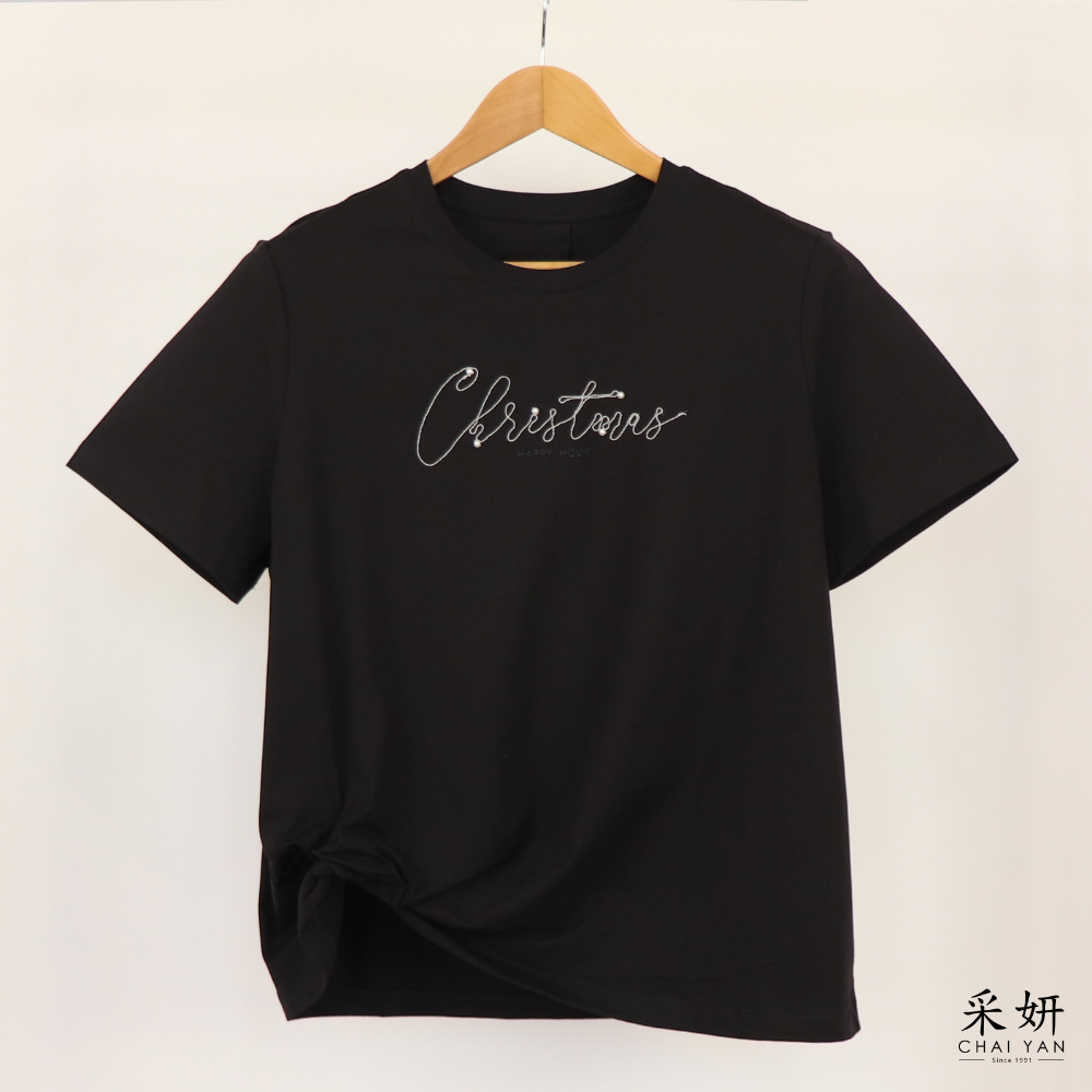 珍珠線條字母滑棉短袖上衣