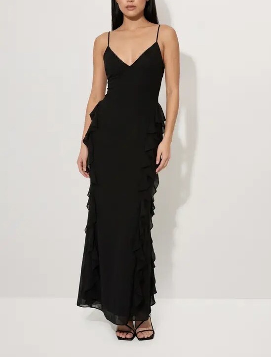 Black Midnight黑色荷葉飾邊Maxi Dress