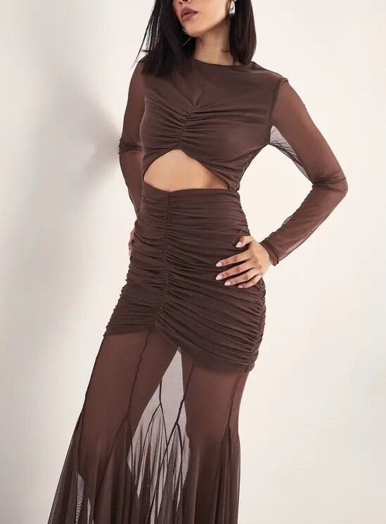 Mesh Love淺咖啡色 Cutout透紗Maxi Dress
