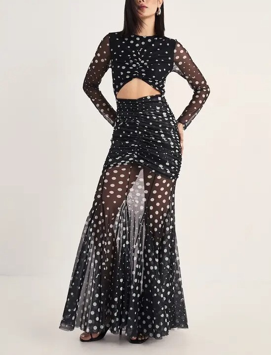 Mesh Love黑白點點印花 Cutout透紗Maxi Dress