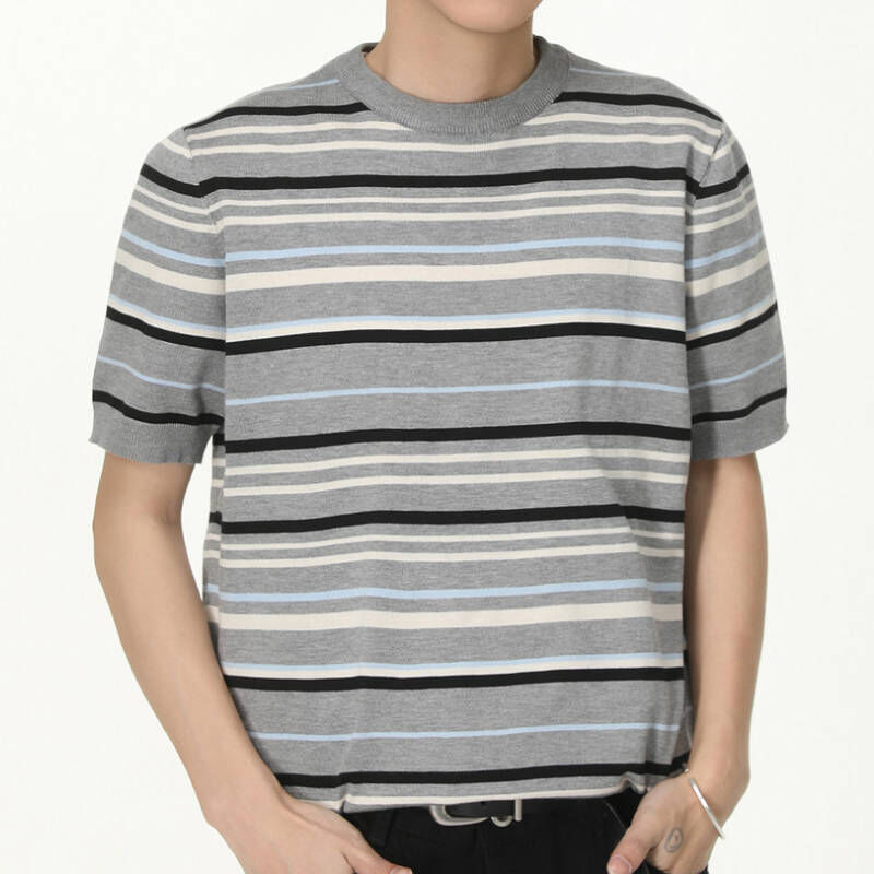 春季撞色少年感條紋針織短袖T-Shirt