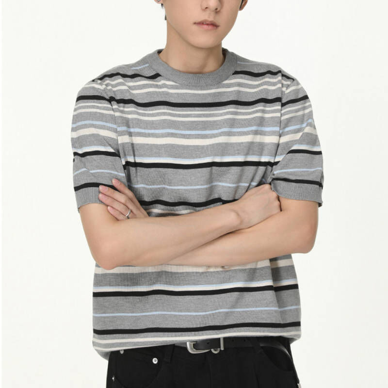 春季撞色少年感條紋針織短袖T-Shirt