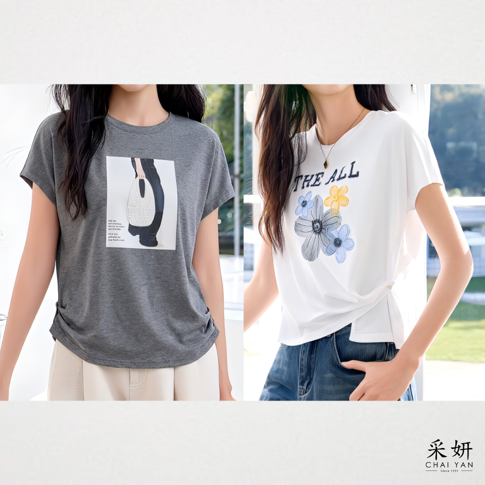 立體印花連肩滑棉短袖上衣