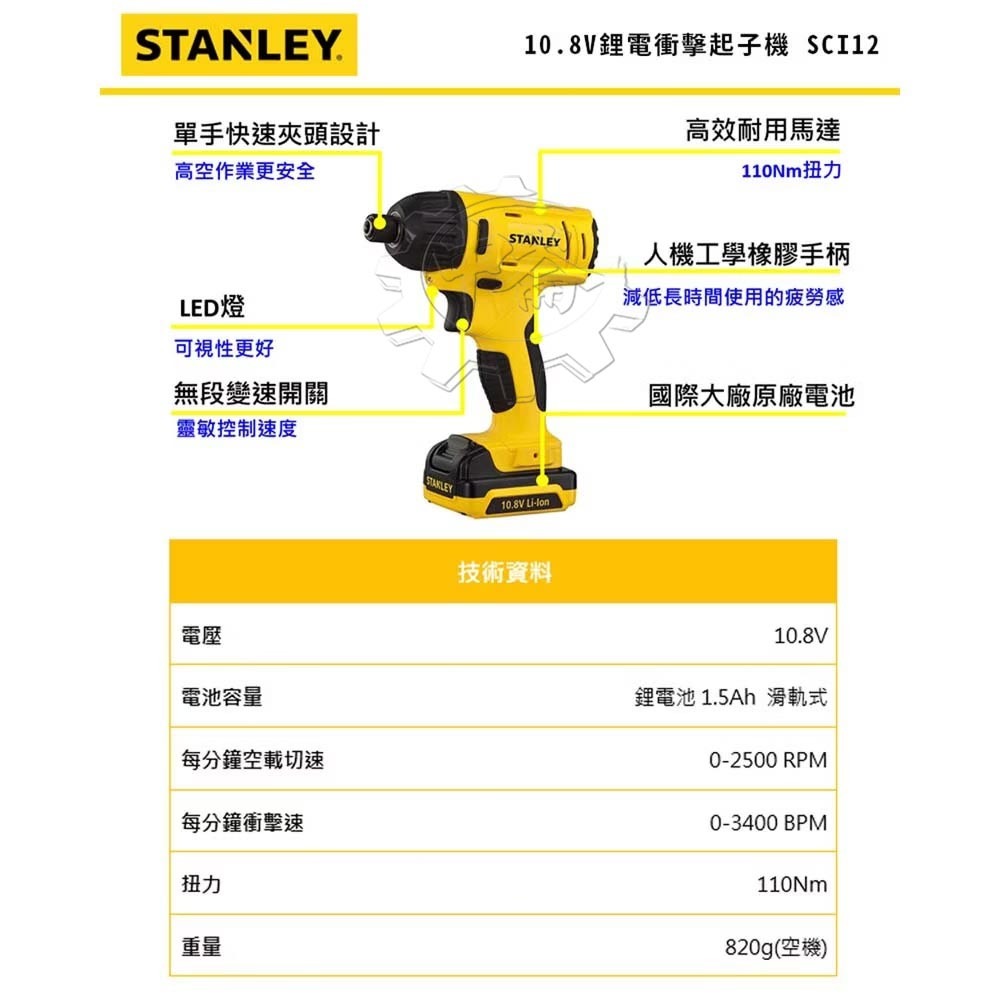 ＊中崙五金【附發票】STANLEY 史丹利 12V Max(10.8V)衝擊起子機 SCI12S2K 電動起子
