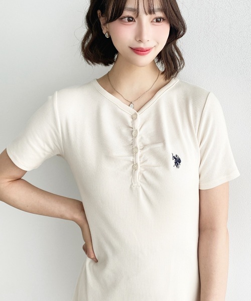 日本🇯🇵連線 Moment+ x U.S. POLO ASSN. 刺繡V領鈕扣短袖連身裙 小洋裝 刺繡 V領 連衣裙 連身裙 裙子 4色(任買兩件711免運)/預購