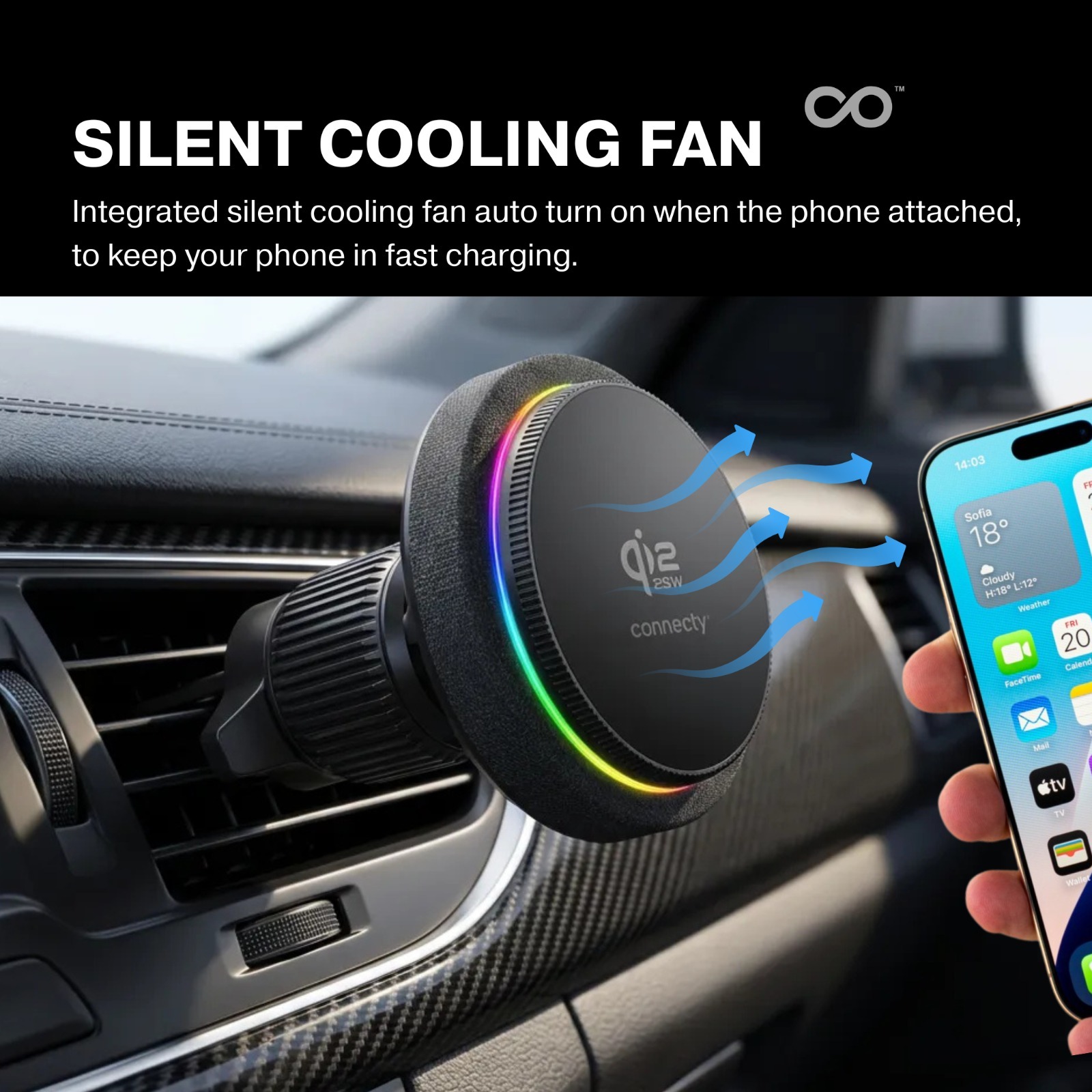 Connecty MagChill 25W Qi2.2 Auto-Cooling Magnetic Car Charging Mount CM125D