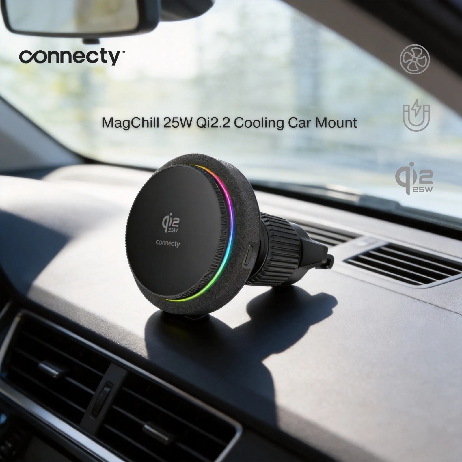 Connecty MagChill 25W Qi2.2 Auto-Cooling Magnetic Car Charging Mount CM125D