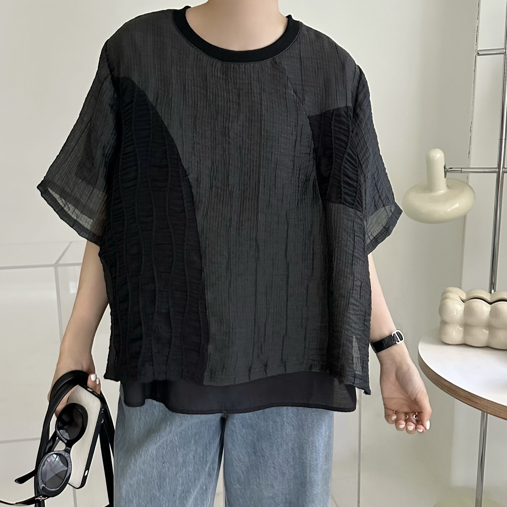 【BONNIE】皺摺壓紋兩層短袖TOP (A49-A50)