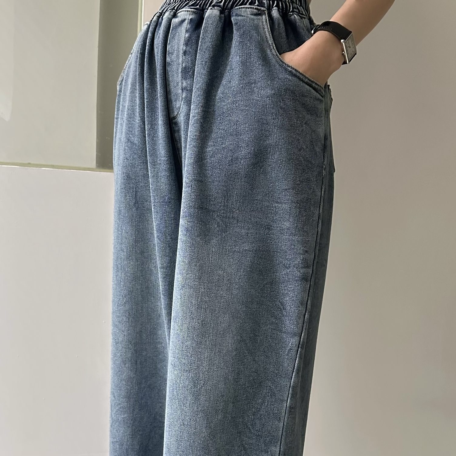 【BONNIE】全橡筋腰洗水色牛仔闊褲 (A10)