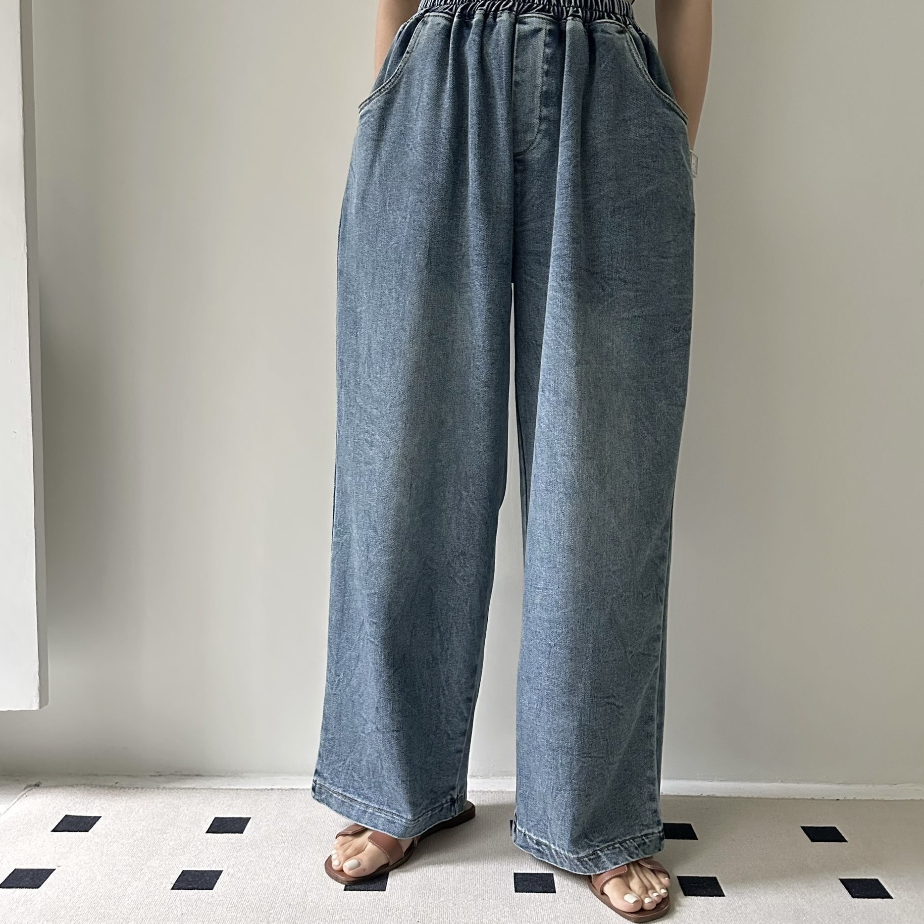 【BONNIE】全橡筋腰洗水色牛仔闊褲 (A10)