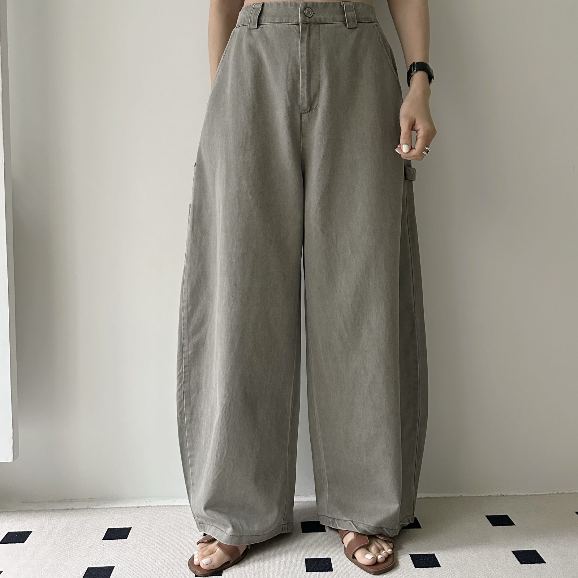 【BONNIE】後橡筋洗水色斜布彎刀闊褲 (A7-A9)