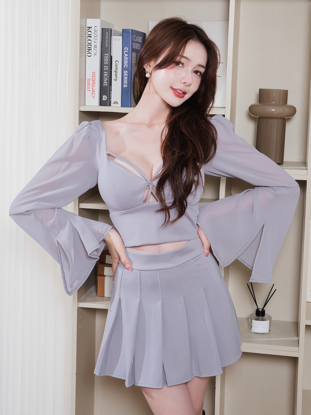 🤍雪紡水袖鏤空線條上衣（灰色均碼）