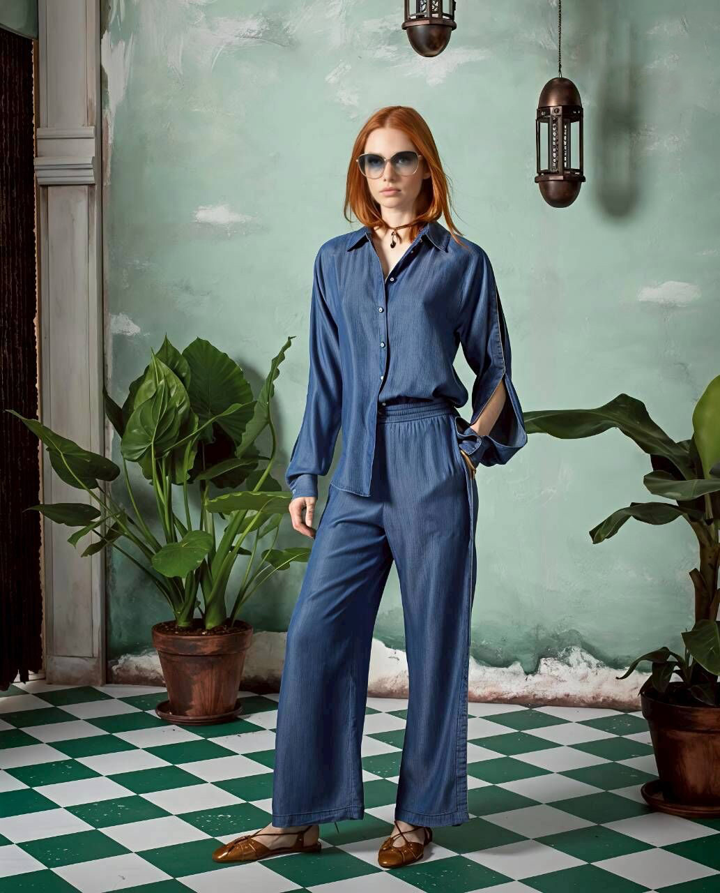 Clips more 復古丹寧開叉造型棉柔襯衫