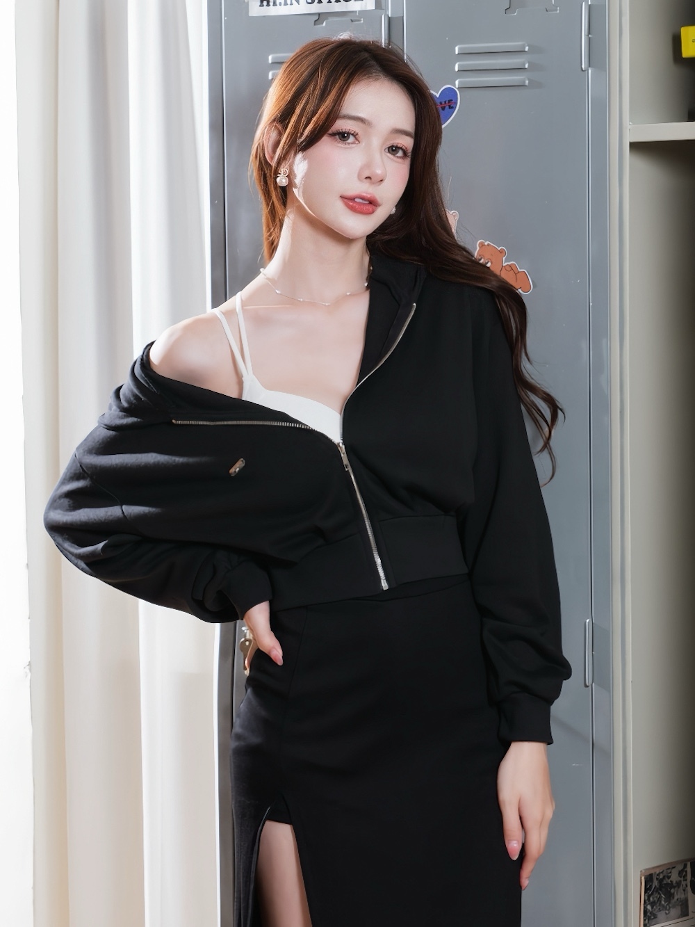 🤍連帽外套＋美背小可愛兩件式（黑色均碼）