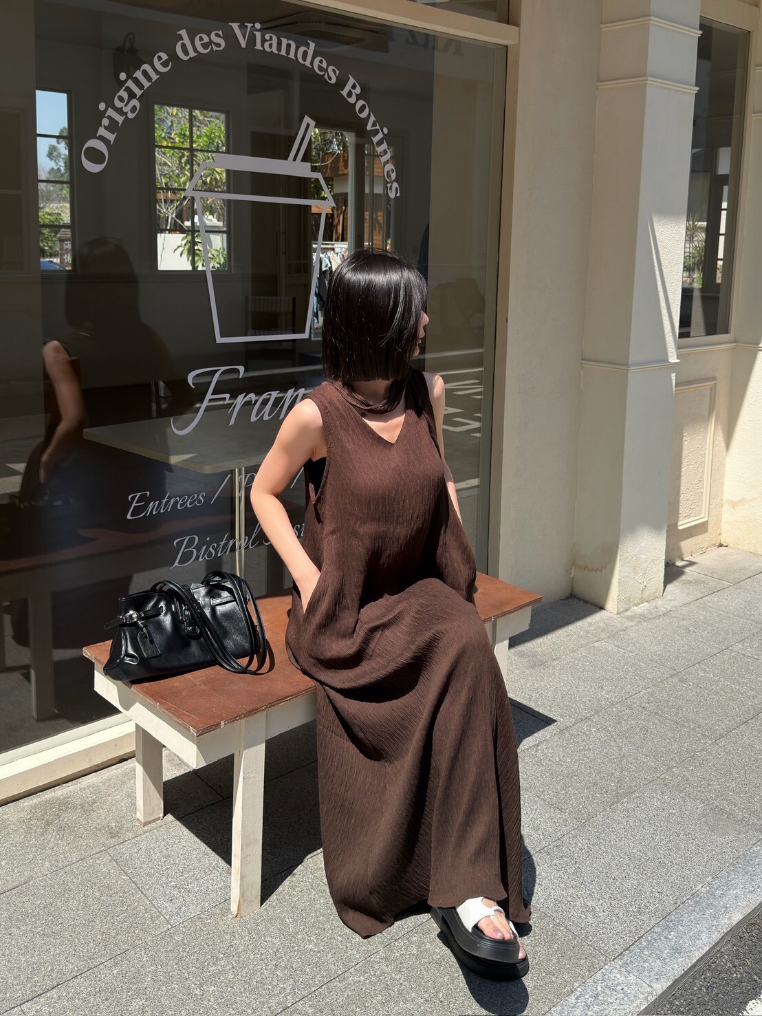 V領細壓紋連身長洋(附綁帶)