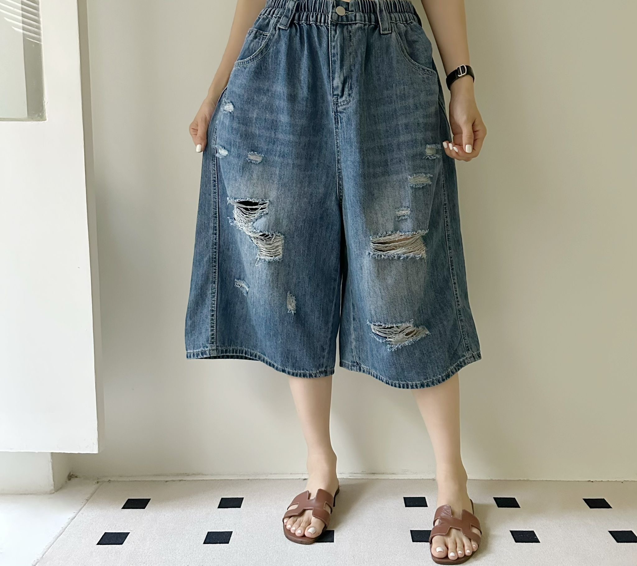 【BONNIE】全橡筋腰破爛牛仔中褲 (A51)