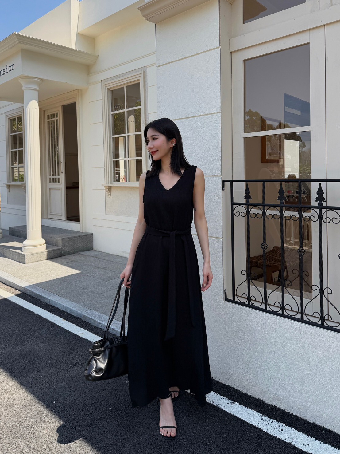 V領細壓紋連身長洋(附綁帶)