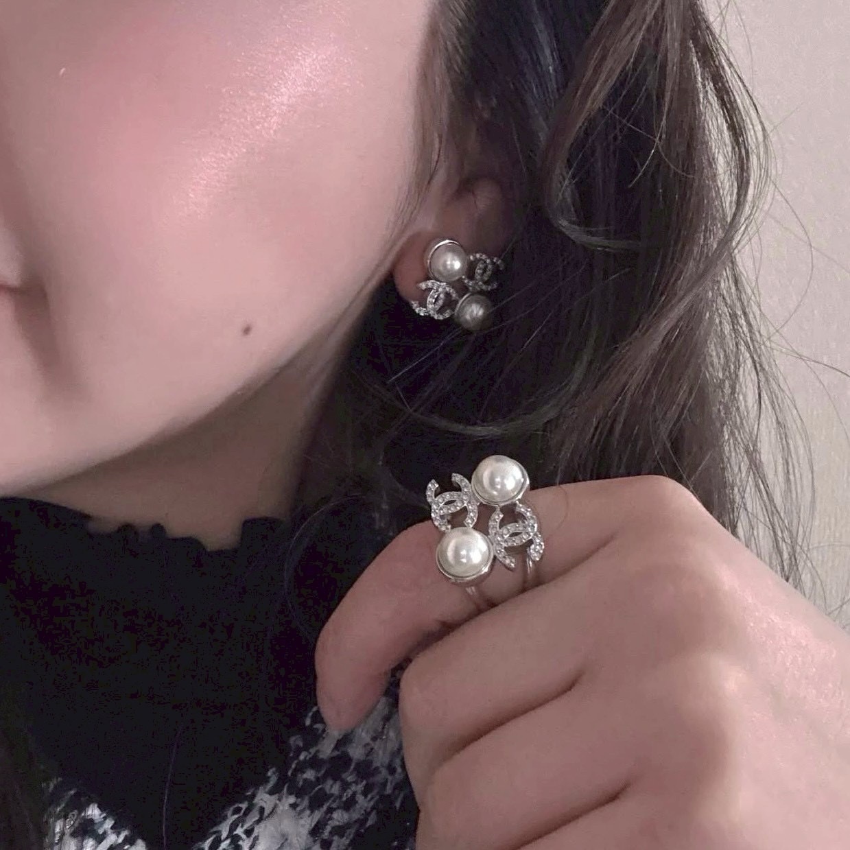 18k 香奶奶25s珍珠方塊滿鑽雙c高奢定製耳釘