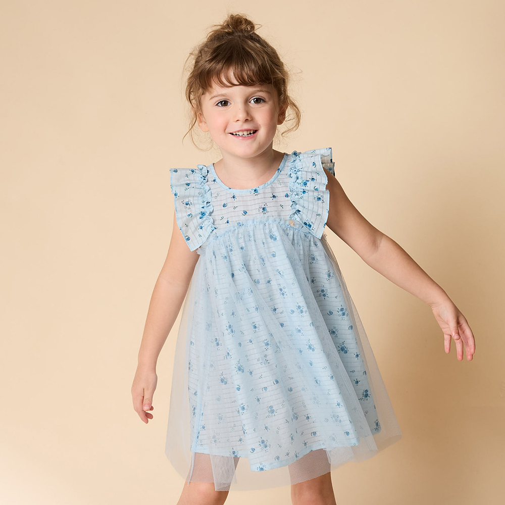 PIPPY 幽蘭飄碎花飄逸網紗圓領連身裙洋裝 水