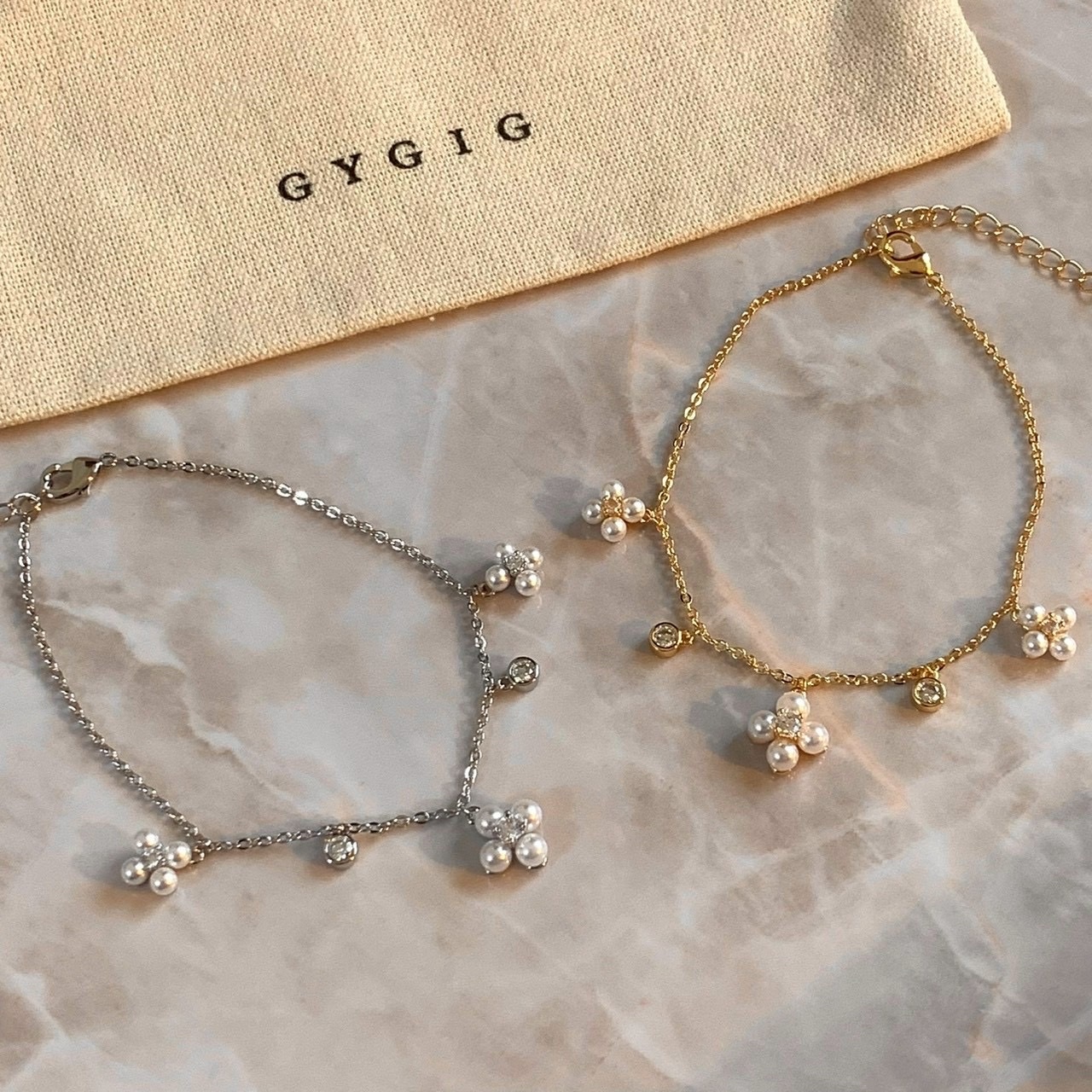 Gy”pearl珍珠小老花鑽小墜細手鍊