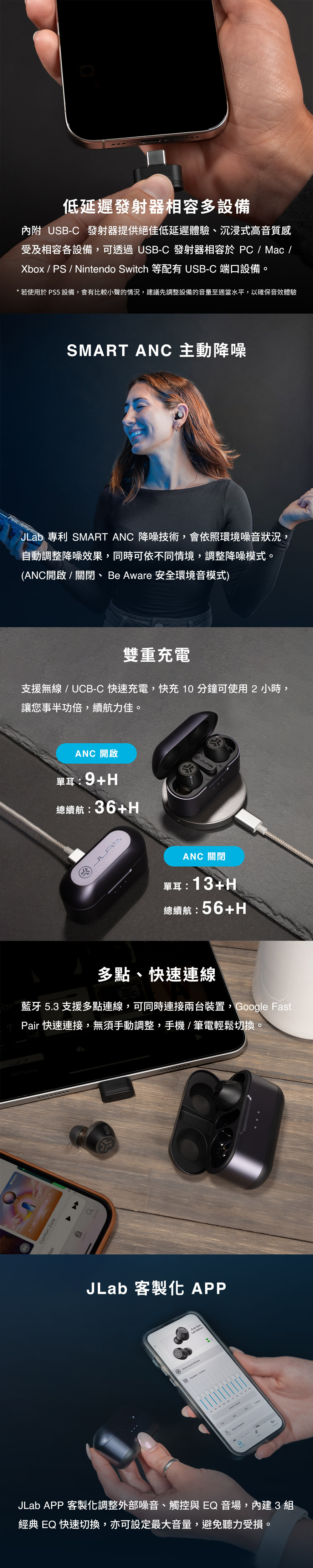 MusicComfort ZoneionNot Playing低延遲發射器相容多設備內附 USB-C 發射器提供絕佳低延遲體驗、沉浸式高音質感受及相容各設備,可透過USB-C 發射器相容於PC/Mac/Xbox / PS / Nintendo Switch 等配有 USB-C 端口設備若使用於 PS5 設備,會有比較小聲的情況,建議先調整設備的音量至適當水平,以確保音效體驗SMART ANC 主動降噪JLab 專利 SMART ANC 降噪技術,會依照環境噪音狀況自動調整降噪效果,同時可依不同情境,調整降噪模式。(ANC開啟 / 關閉、Be Aware 安全環境音模式)雙重充電支援無線/UCB-C 快速充電,快充10分鐘可使用2小時,讓您事半功倍,續航力佳。ANC 開啟單耳:9+總續航:36+HANC 關閉單耳: 13+H總續航:56+H多點、快速連線藍牙 5.3 支援多點連線,可同時連接兩台裝置,Google FastPair 快速連接,無須手動調整,手機/筆電輕鬆切換。JLab 客製化 APP  H : CustomJLab Lab Editionto  JLab APP 客製化調整外部噪音、觸控與EQ 音場,內建3組經典 EQ 快速切換,亦可設定最大音量,避免聽力受損。