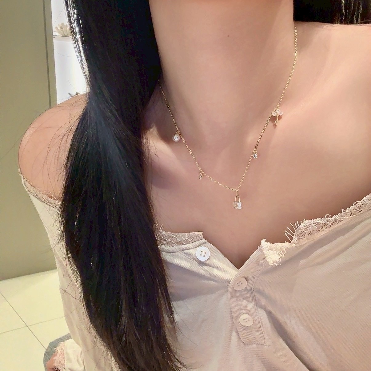 Gy”Étoile小鎖頭鑰匙珍珠鑽小墜流蘇項鍊