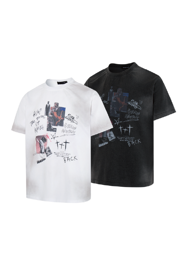 - SIMPLEACTION - 復古做舊塗鴉印花短袖上衣