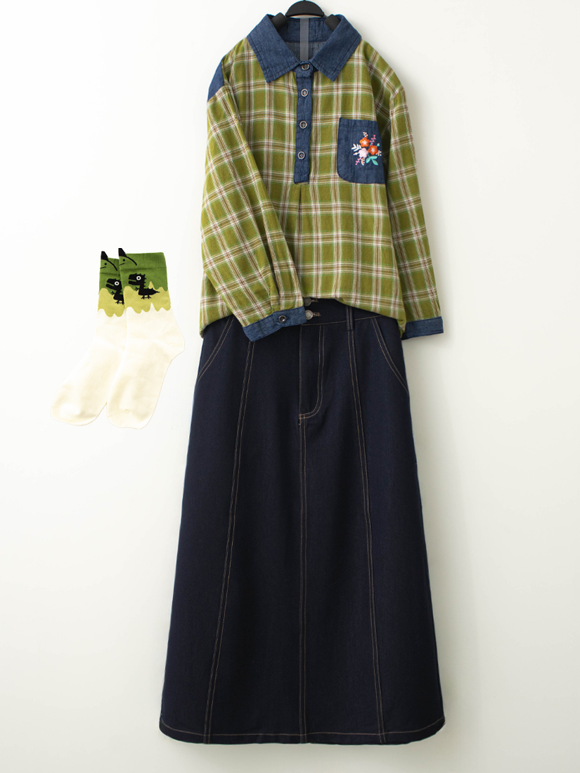 格紋牛仔布上衣天絲棉雙排釦A字裙組合