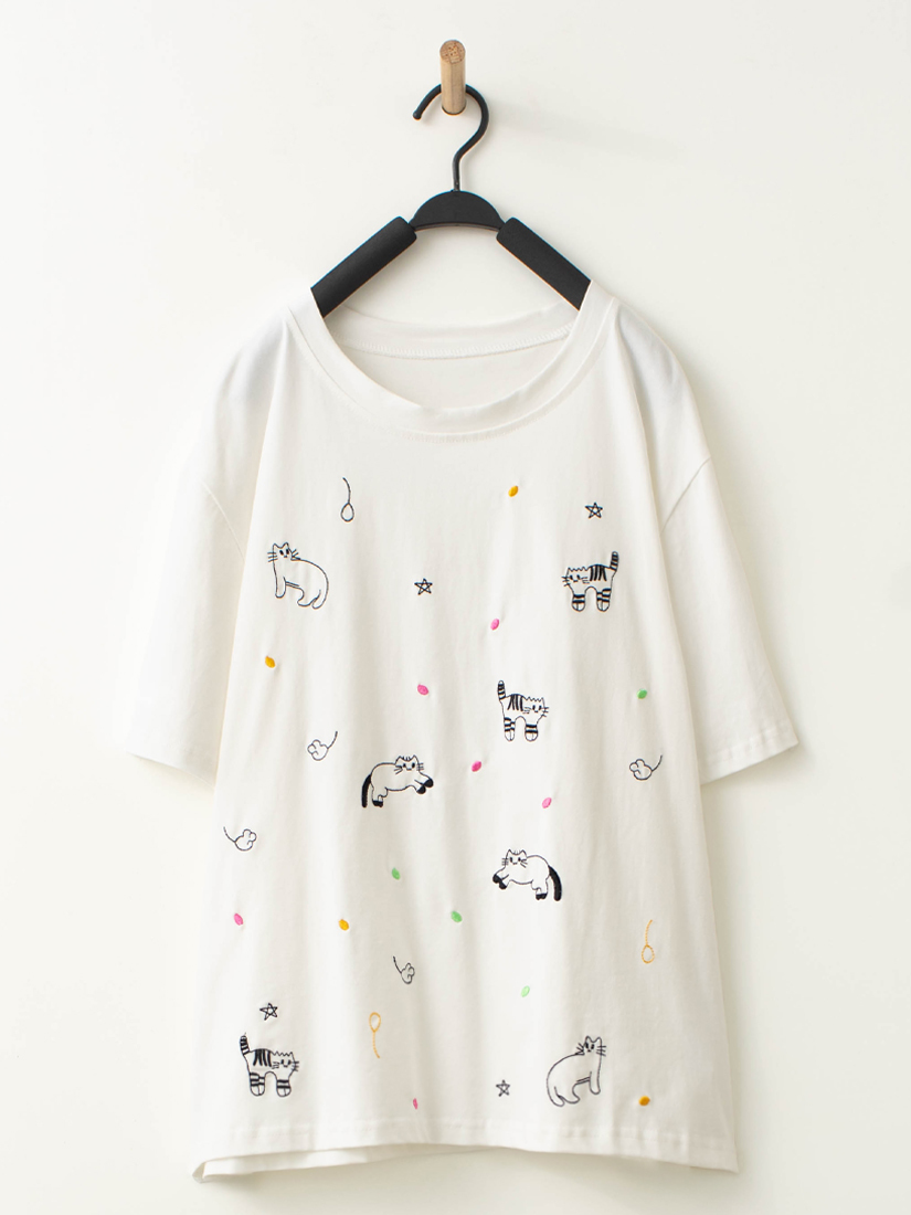 貓咪刺繡上衣格紋織紋打褶綁帶錐形褲組合