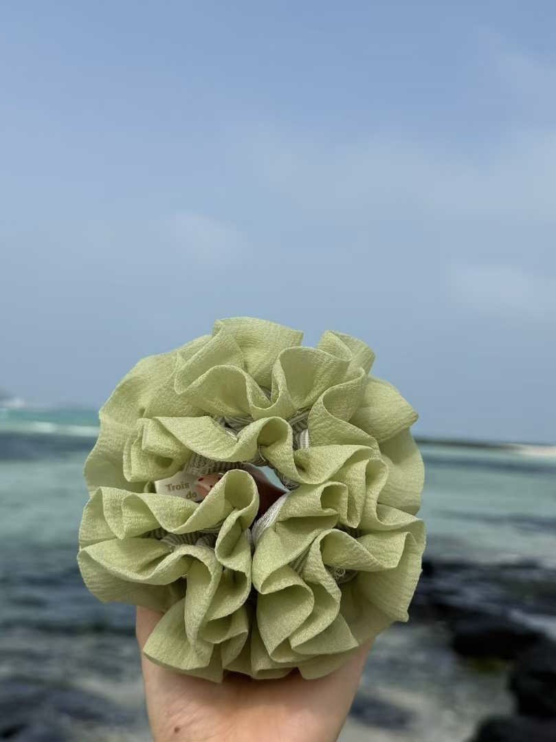 26B301 預告夏日 蘋果綠蕾絲條紋髮圈