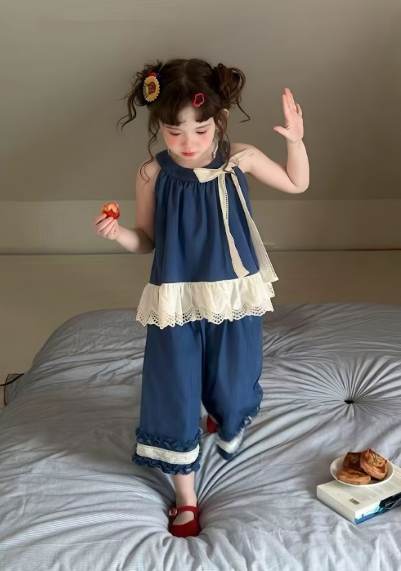 BYC03SE044BL 奶油蕾絲甜美渡假風牛仔休閒套裝