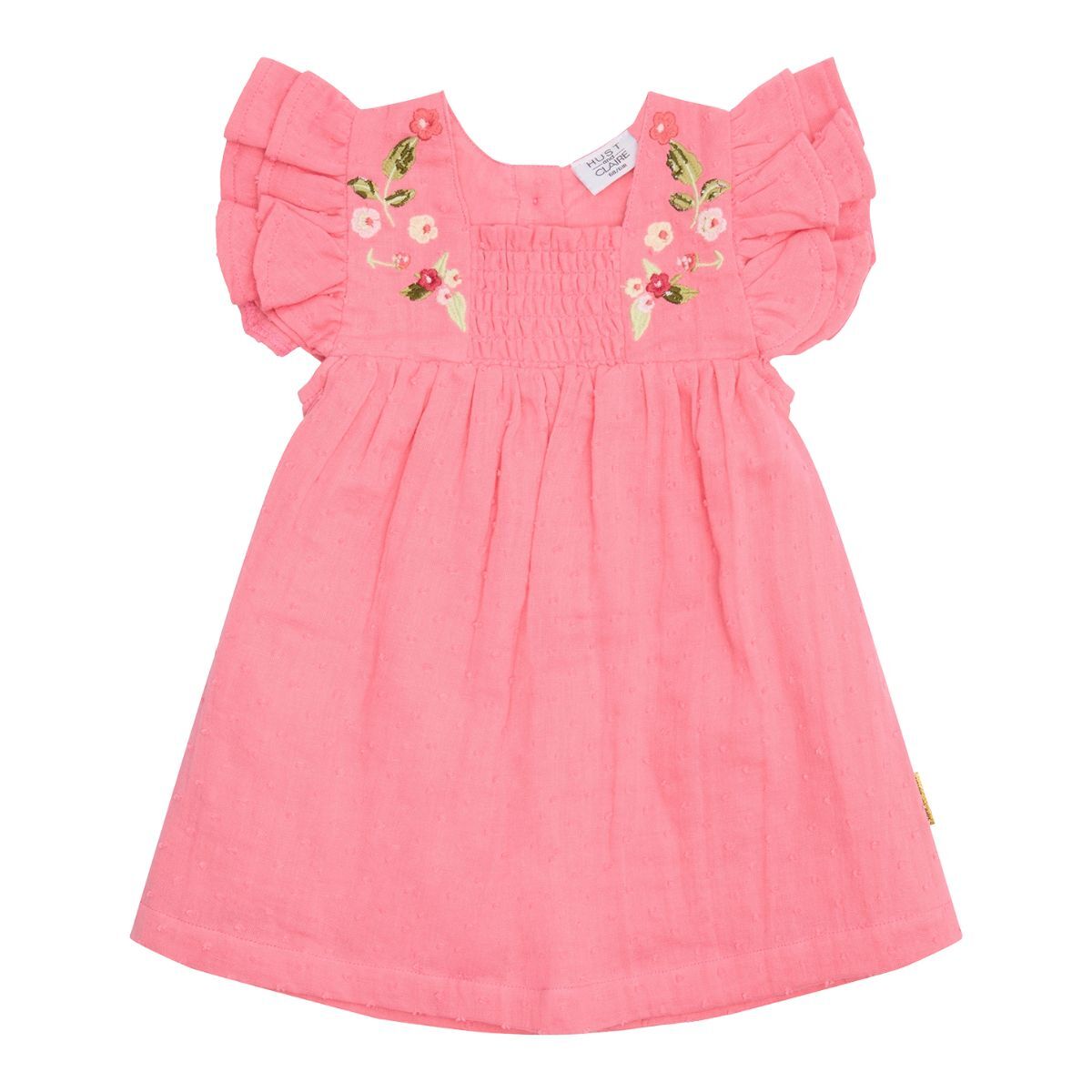 〖 Hust & Claire 〗粉紅刺繡花朵荷葉袖洋裝