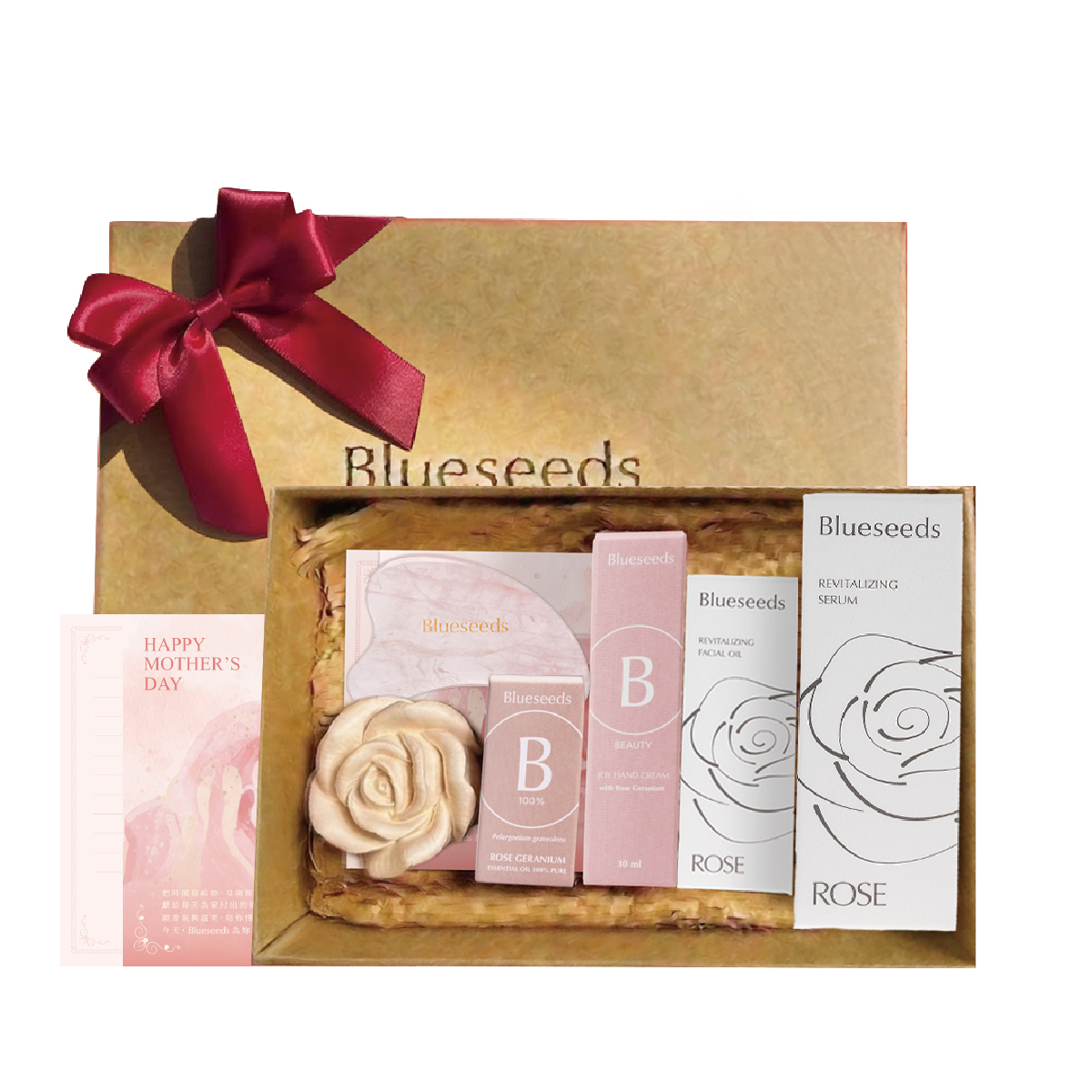 【玫瑰尊寵禮盒】玫瑰天竺葵精油10ml+玫瑰精油露30ml+玫瑰活膚液100ml+玫瑰天竺葵護手霜30ml+粉晶刮板+玫瑰擴香石+卡片