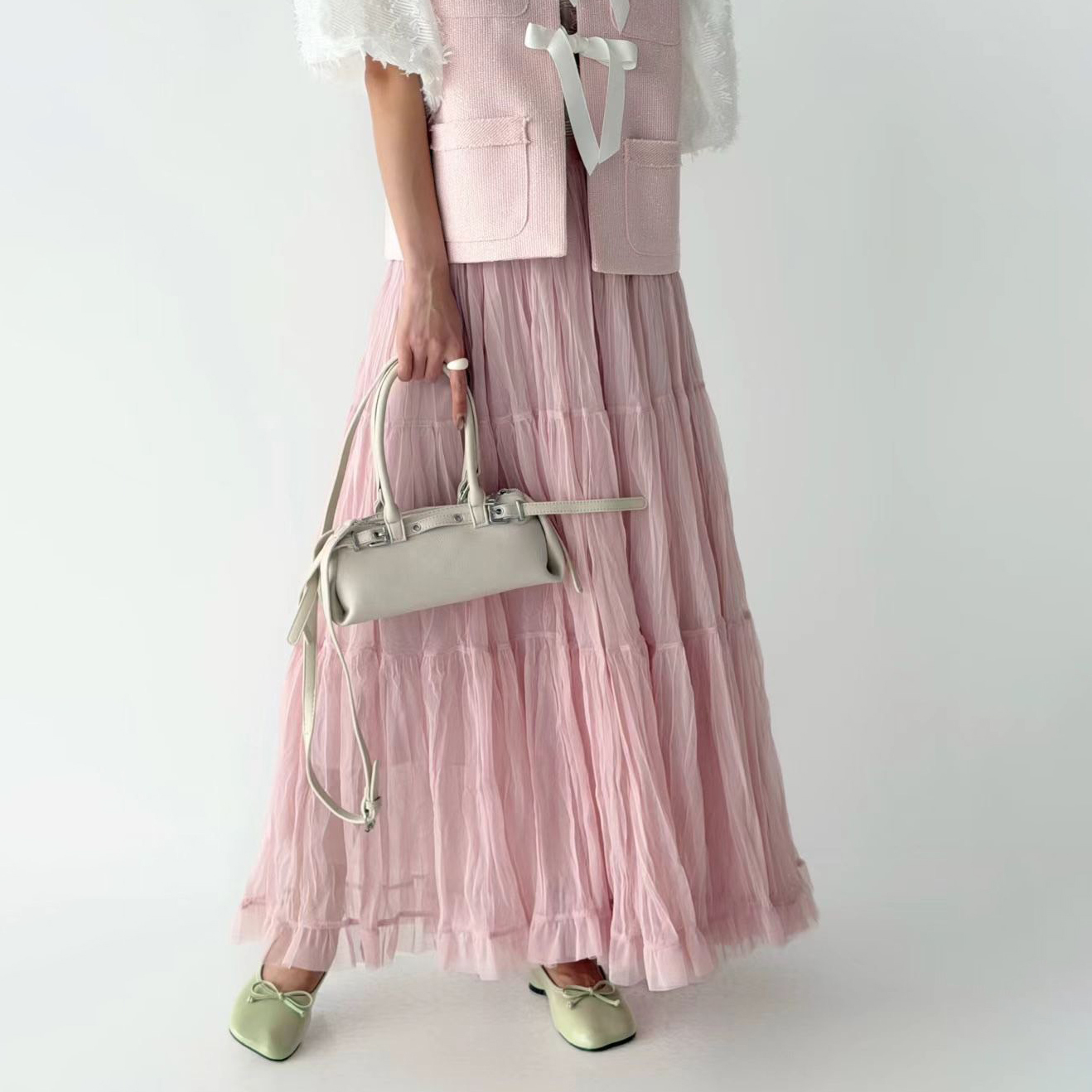 微亮光澤感層次蛋糕裙長裙紗裙 / 3色