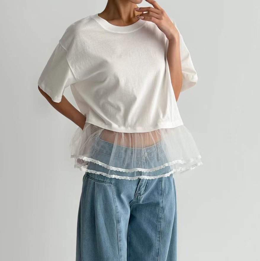 下擺拼接歐根紗裙擺造型圓領上衣 / 3色