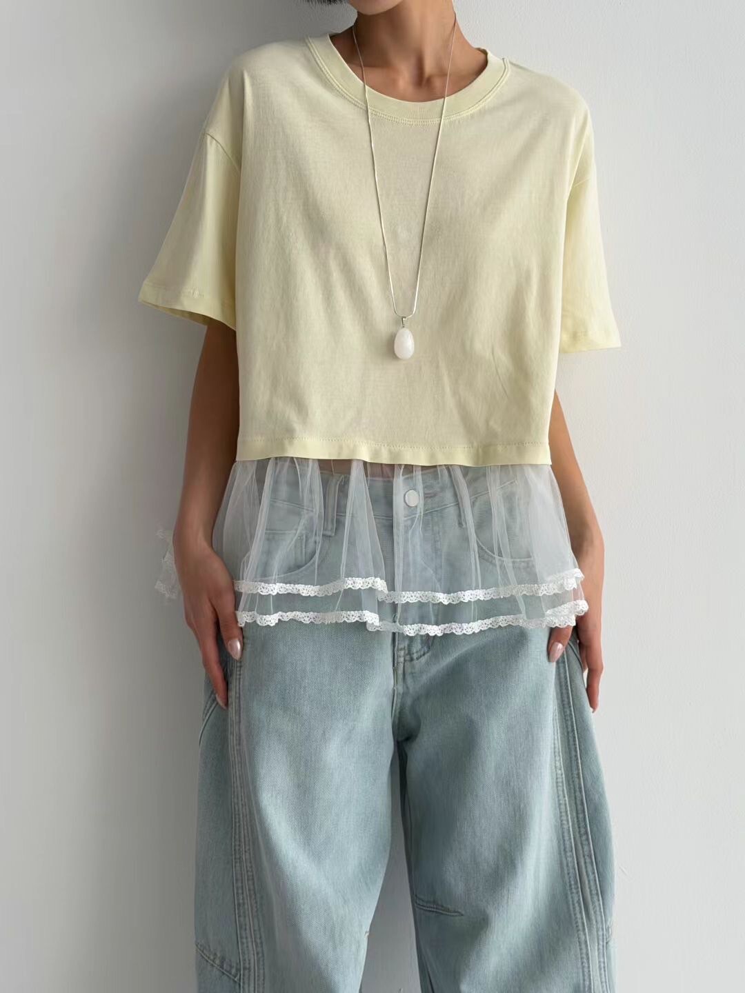 下擺拼接歐根紗裙擺造型圓領上衣 / 3色