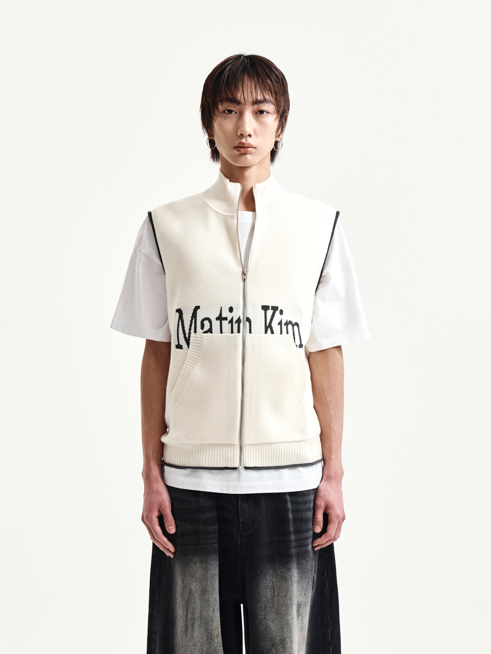 Matin Kim字母設計針織拉鍊背心 象牙白