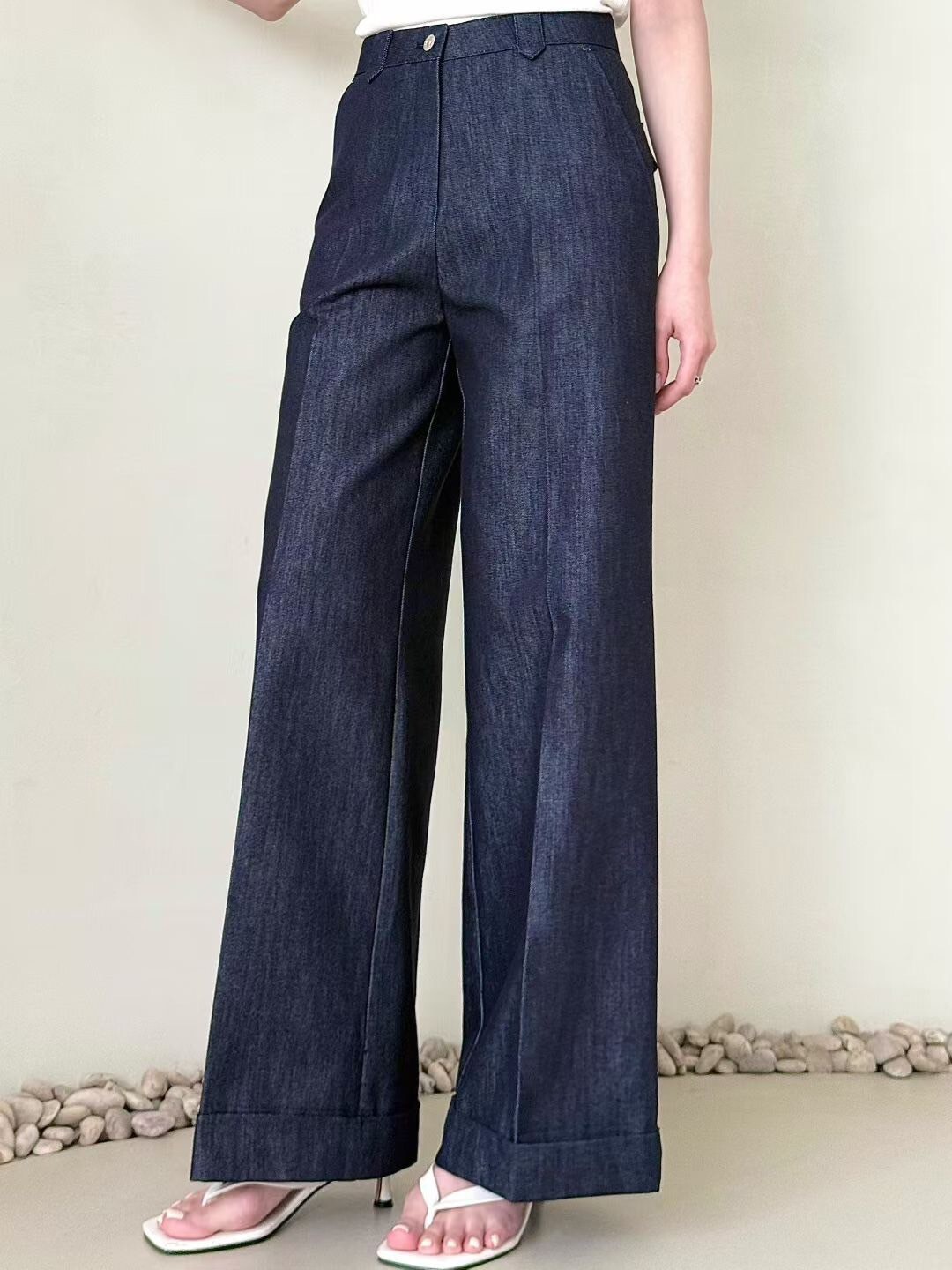 顯瘦深藍色系高腰直筒落地長褲-S-M