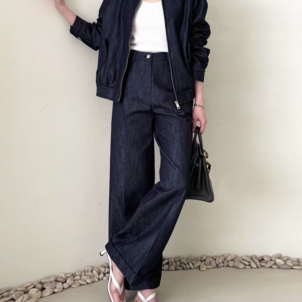 顯瘦深藍色系高腰直筒落地長褲-S-M