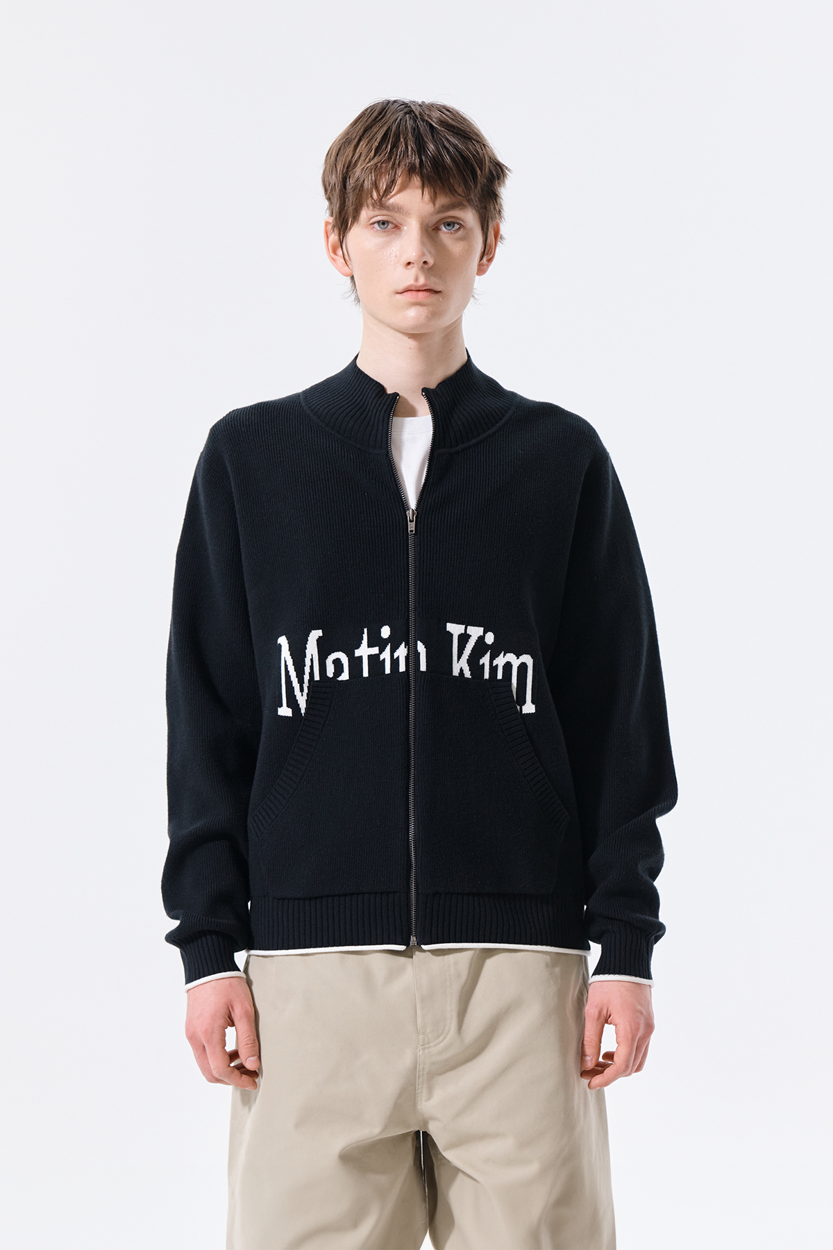 Matin Kim字母設計針織拉鍊外套 黑色