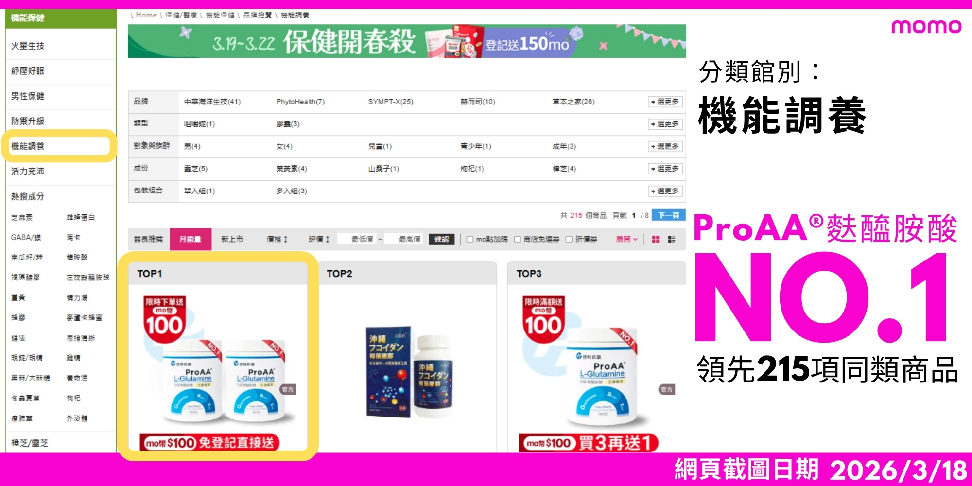 2026年懷特新藥ProAA®3效麩醯胺酸在台灣最大電商平台MOMO購物網分類館別機能保健調養銷售第一(截圖日期2026/3/18)