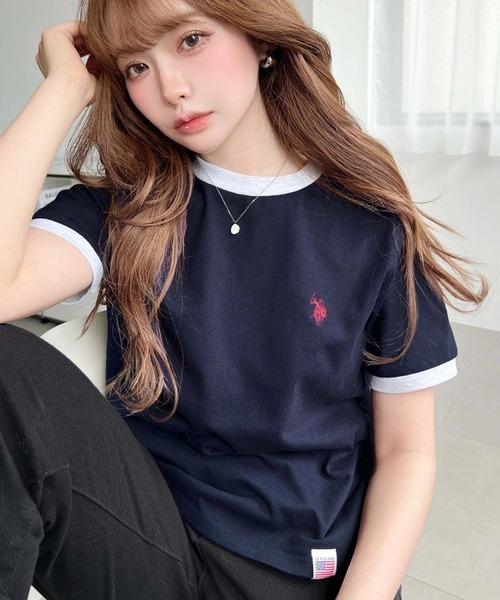 日本🇯🇵連線 Moment+ x U.S. POLO ASSN. 刺繡領口撞色短袖T恤 刺繡 休閒 短袖 T恤 3色(任買兩件711免運)/預購