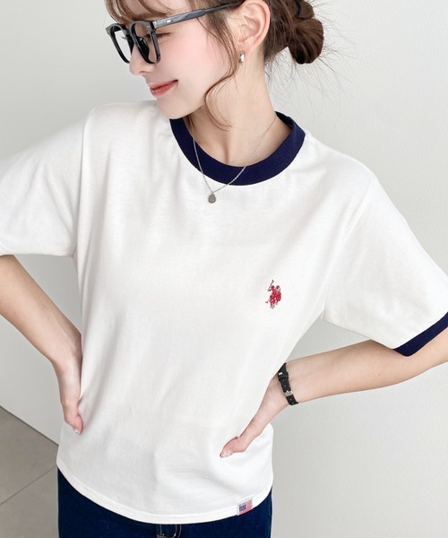 日本🇯🇵連線 Moment+ x U.S. POLO ASSN. 刺繡領口撞色短袖T恤 刺繡 休閒 短袖 T恤 3色(任買兩件711免運)/預購