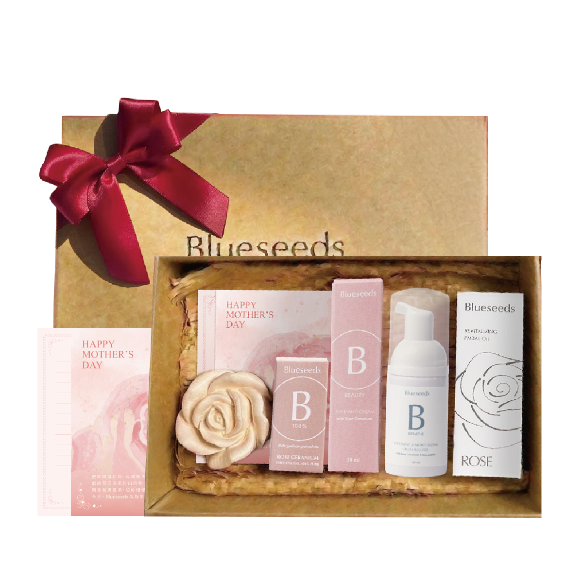 【玫瑰典藏禮盒】玫瑰天竺葵精油10ml+玫瑰精華液30ml+玫瑰天竺葵潔顏慕斯50ml+玫瑰天竺葵護手霜30ml+玫瑰擴香石+卡片