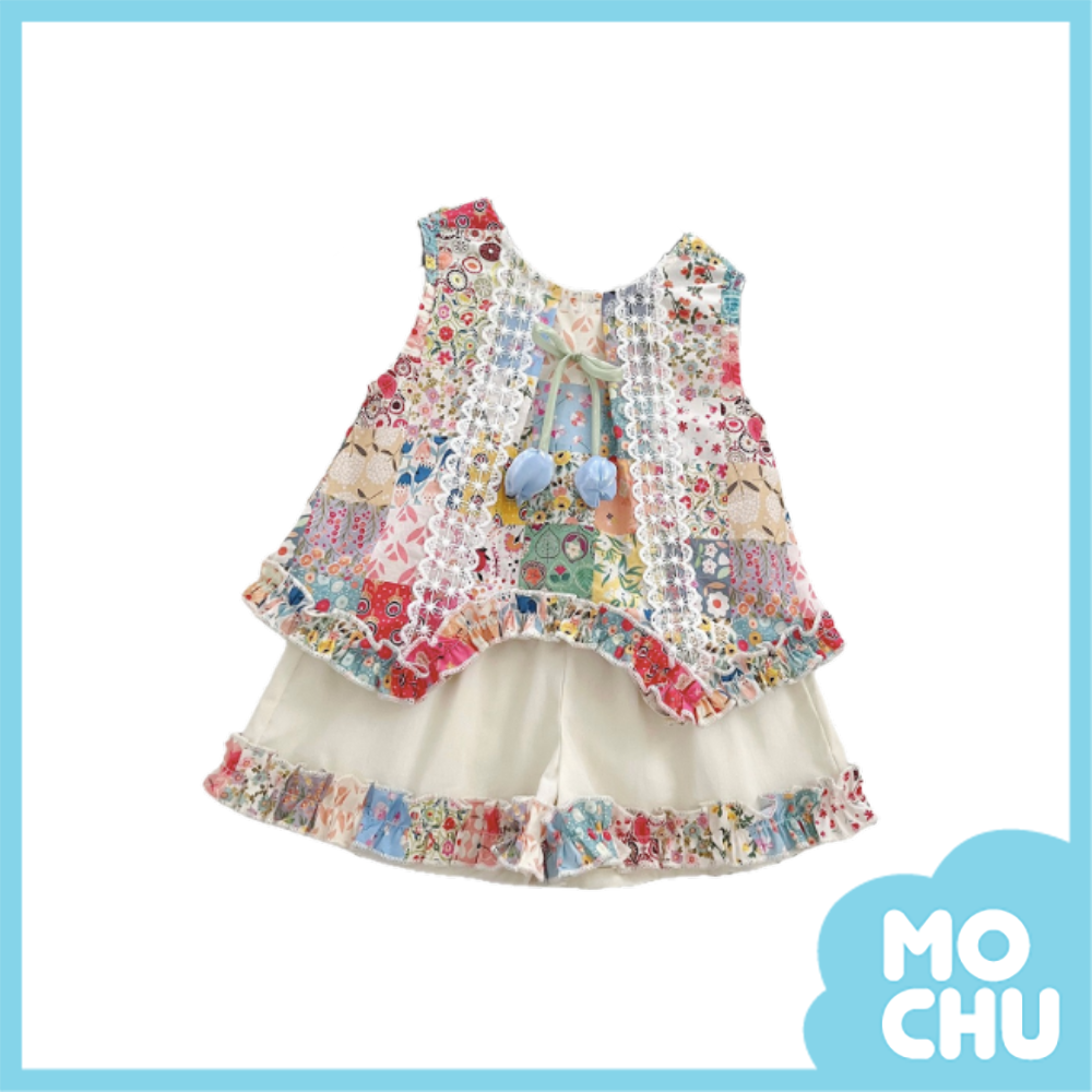 碎花拼布無袖套裝(送帽子)