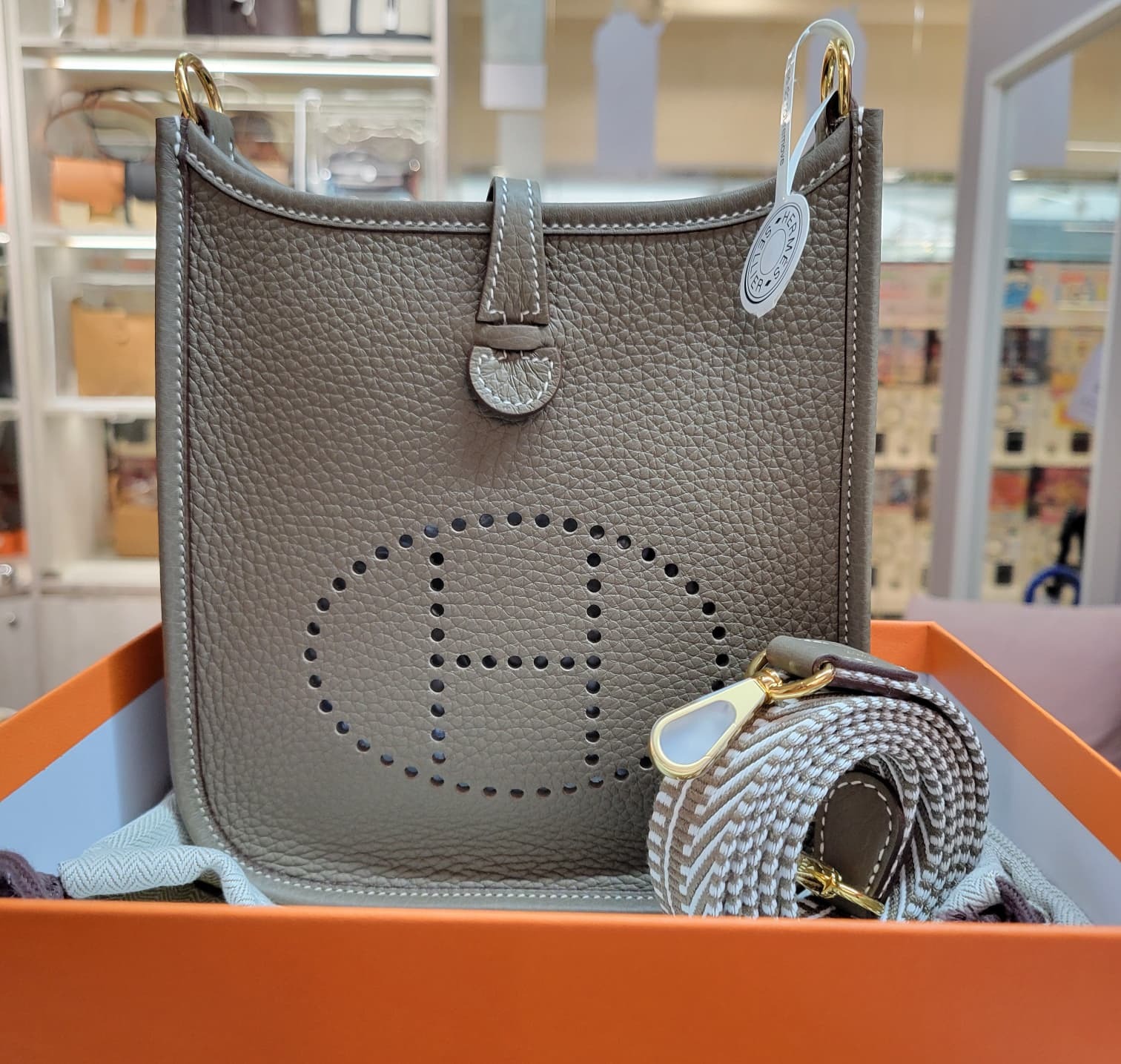 HERMES MINI EVELYNE ETOUPE/ETOUPE-BLANC CC 110CM 大象灰金扣 編織帶