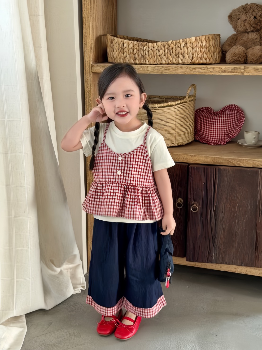 紅格紋三件式牛仔套裝