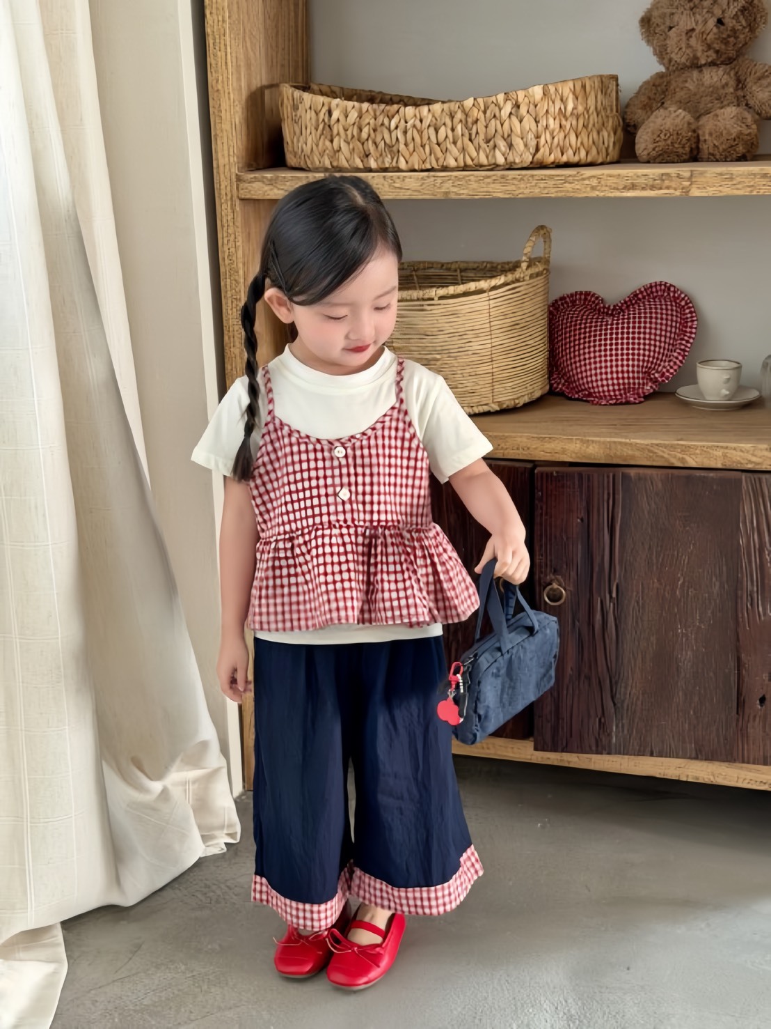 紅格紋三件式牛仔套裝