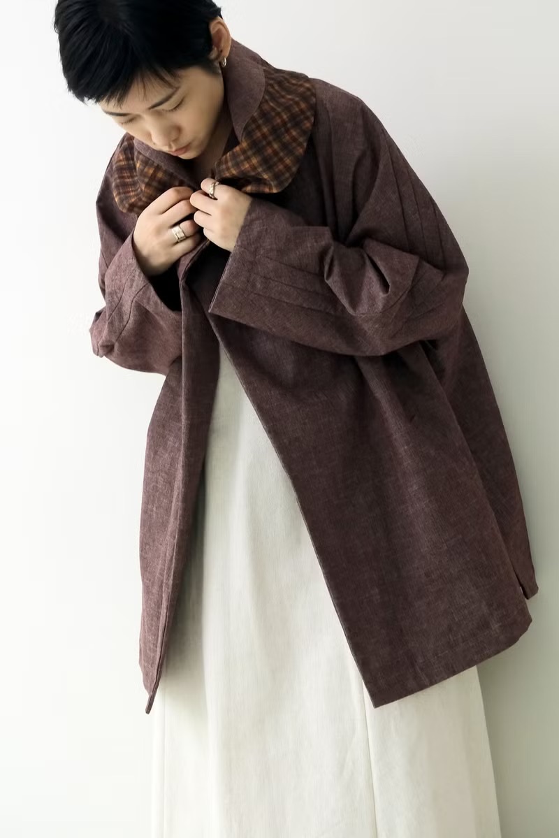 川 衣 WEAR BEING 翻領繭型風衣外套 紫紅X格紋