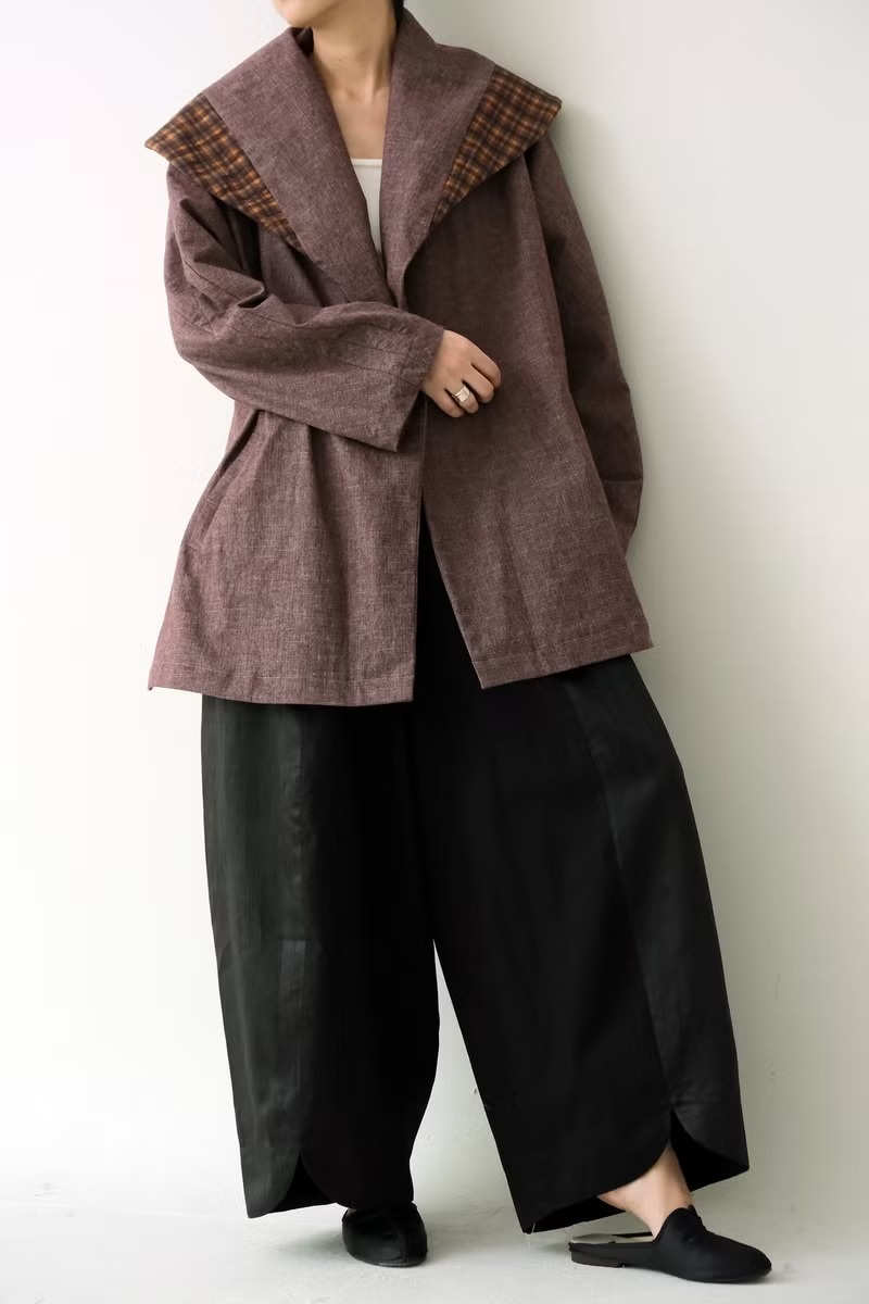 川 衣 WEAR BEING 翻領繭型風衣外套 紫紅X格紋